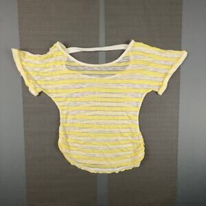 Love J USA L Yellow White Sheer Striped Knit Tee Scoop Neck Cutout Back